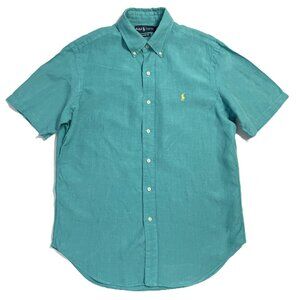 Ralph Lauren Shirt Mens Medium Silk Linen Blend Teal Green Blue Button Up Pony